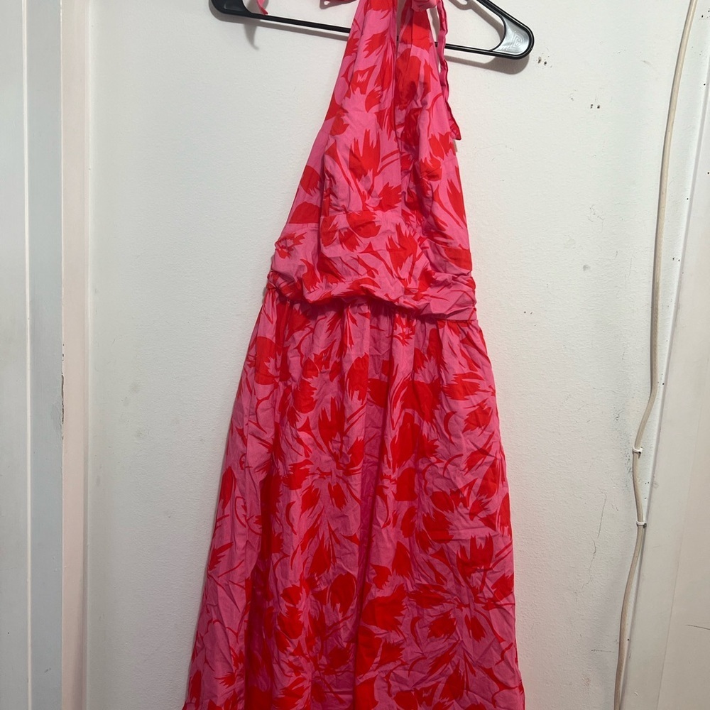 Boston proper Red and Pink Floral Halter backlit alter back Dress size 4
